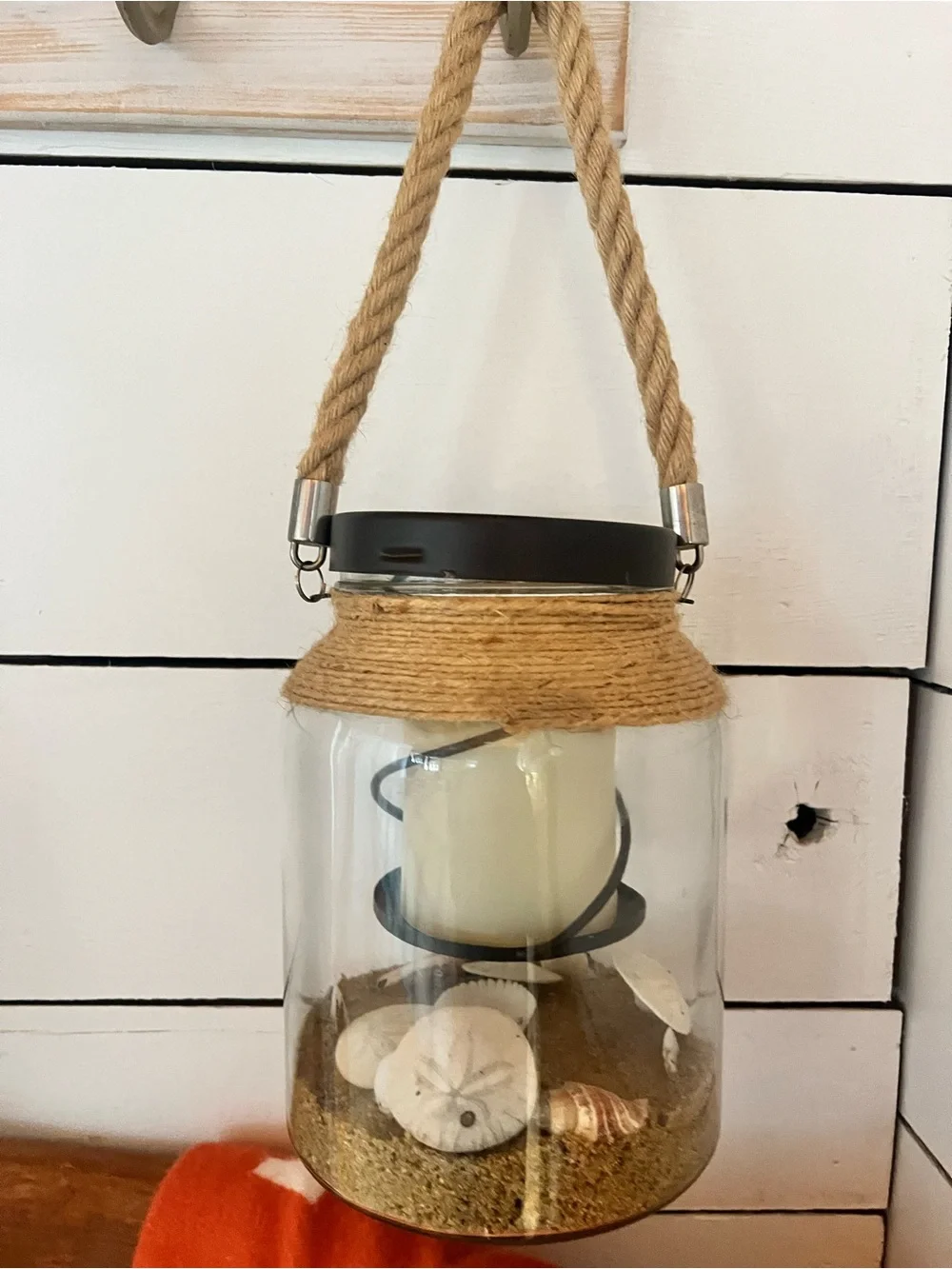 Hanging Coastal Lantern with Rope Handle - Yellow Candle Accent